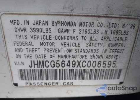 1999 Honda Accord Lx z USA, uszkodzony, nr VIN JHMCG5649XC006595